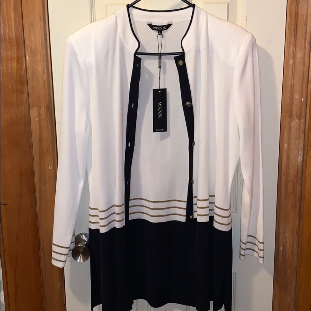 Navy blue, white and gold Misook Sweater.